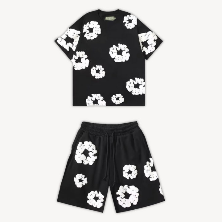 Unisex floral print tee and matching shorts set. Relaxed fit casual wear for summer.