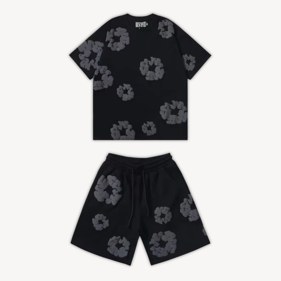 Unisex floral tee & shorts set for effortless everyday style. Vibrant print offers casual comfort for summer.