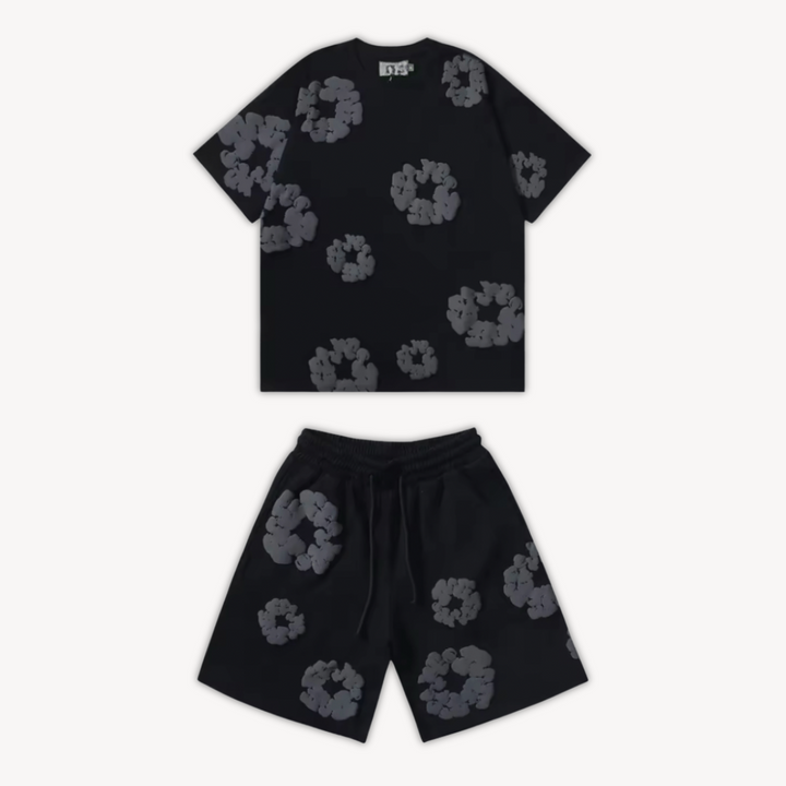 Unisex floral tee & shorts set for effortless everyday style. Vibrant print offers casual comfort for summer.