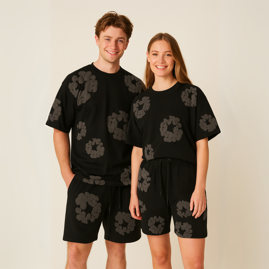 Relaxed fit unisex floral tee and shorts set. Vibrant summer print for comfortable casual wear.