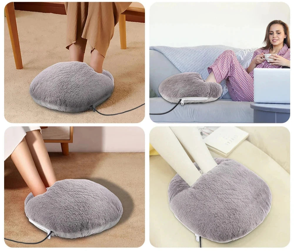 Soft fluffy heated foot warmer cushion, a perfect relaxation aid and winter essential for comfort.