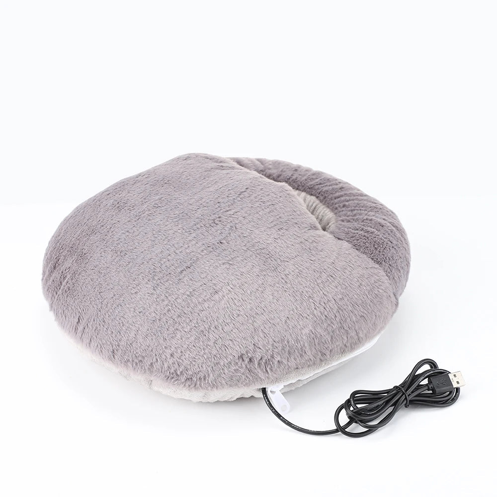 Cozy fluffy plush heated foot warmer cushion, delivering ultimate warmth & comfort for tired feet.