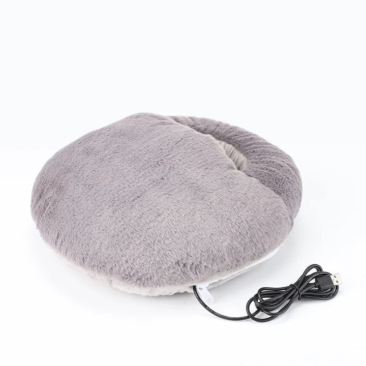 Cozy fluffy plush heated foot warmer cushion, delivering ultimate warmth & comfort for tired feet.