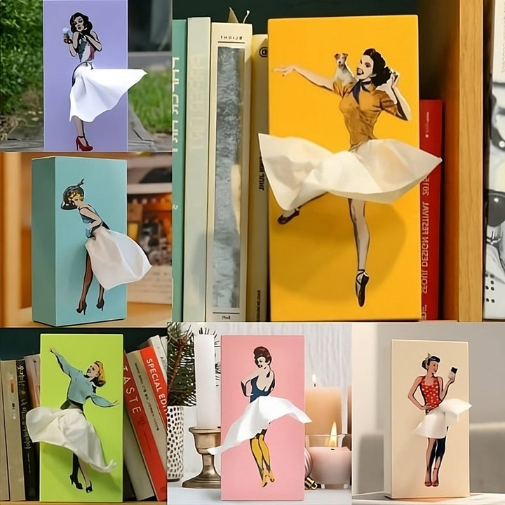 Unisex Flying Skirt Decorative Tissue Box. A unique pop art tabletop accessory for vintage style home decor.