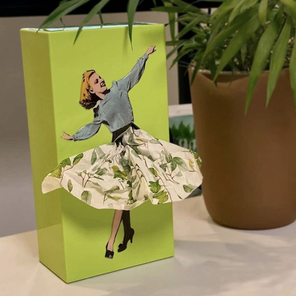 Functional art: unisex Flying Skirt tissue box. Adds pop art style & vintage charm to any tabletop accessory.