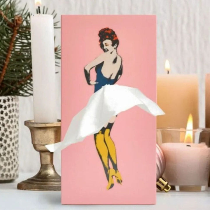 Retro-inspired Flying Skirt tissue box. Decorative pop art accessory, perfect for vintage style home decor.