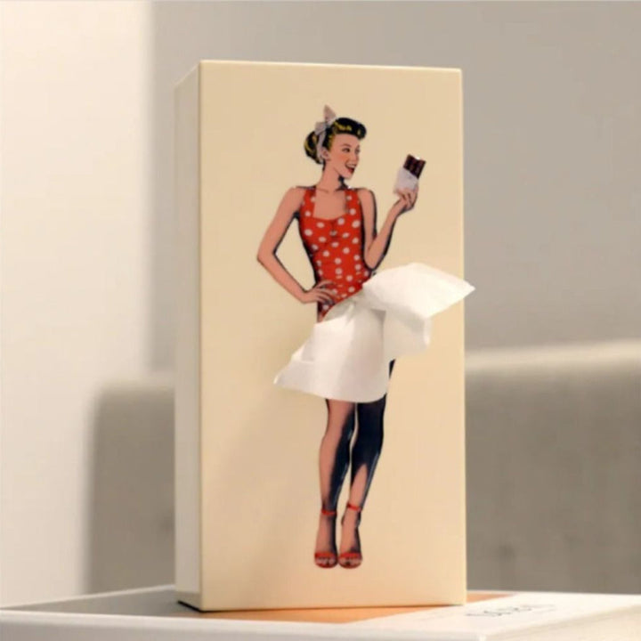 Eye-catching novelty tissue box, featuring a distinctive 'flying skirt' design. Enhances any home decor.