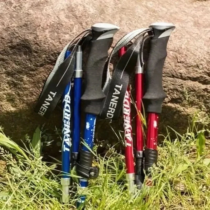 Hiker using a lightweight foldable aluminum trekking pole on a scenic trail.