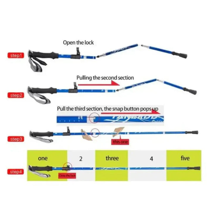 Two unisex foldable aluminum trekking poles displayed with essential hiking gear.