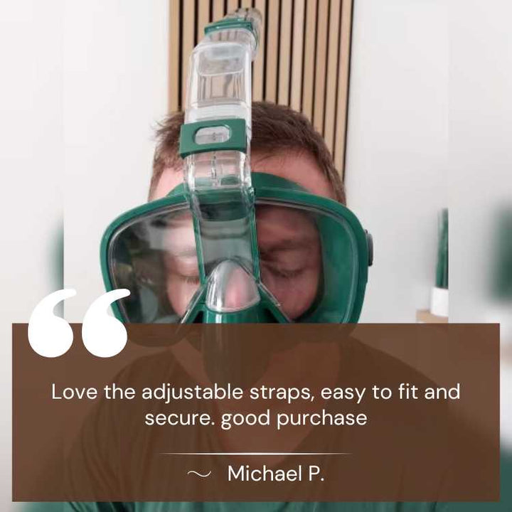 Travel-friendly foldable snorkel mask, panoramic full-face with anti-fog for clear underwater swimming.