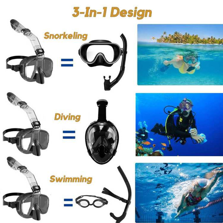 Compact foldable snorkel mask with 180-degree panoramic full-face design for watersports.