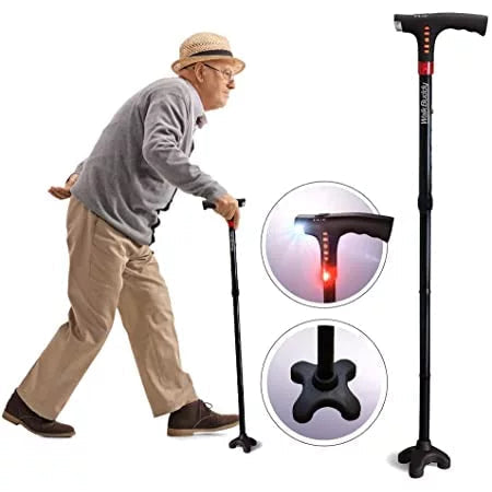 Unisex foldable LED walking cane for enhanced stability & safety. Portable mobility aid for elderly support.