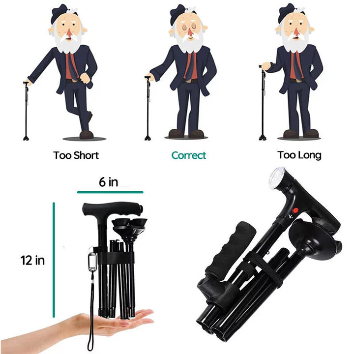 Travel-friendly foldable walking cane with LED light. Portable, adjustable, non-slip for secure and confident steps.