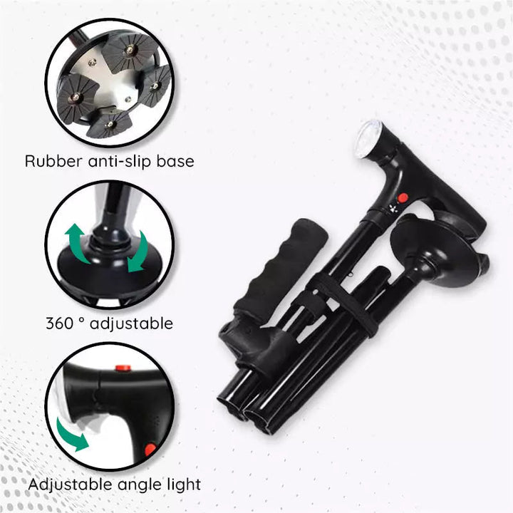 Multi-feature foldable walking cane: LED light, non-slip base, adjustable height. Ultimate safety & mobility aid.