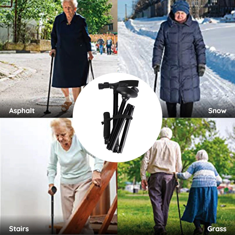 Durable foldable walking cane with non-slip grip & LED light. Adjustable for secure, stable mobility support.