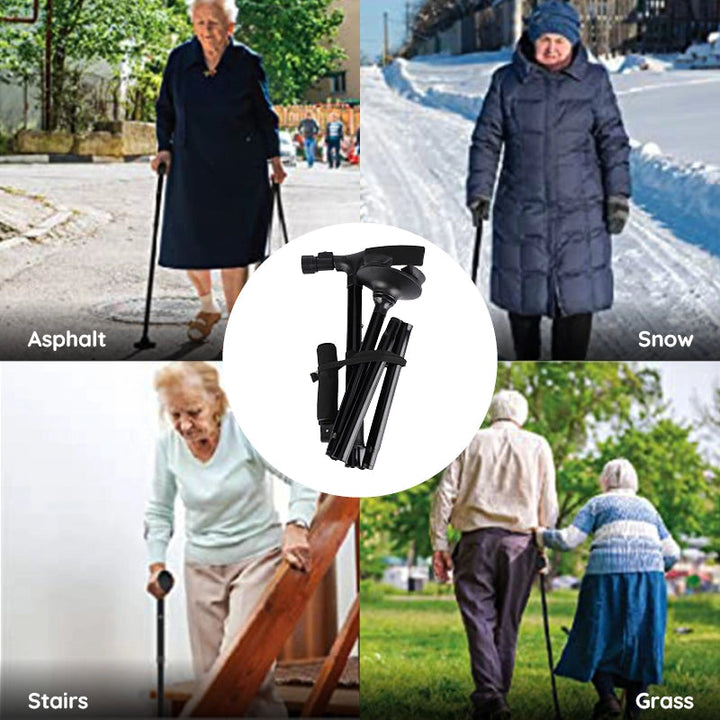 Durable foldable walking cane with non-slip grip & LED light. Adjustable for secure, stable mobility support.