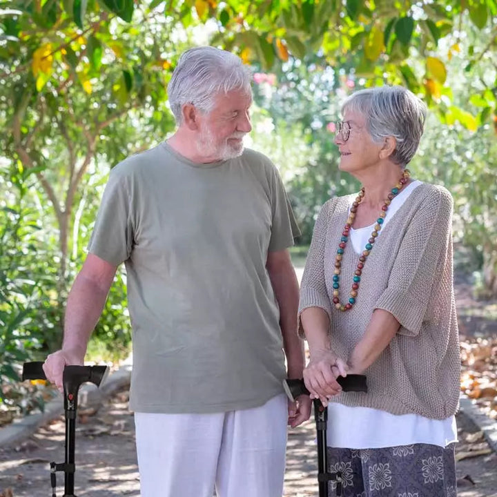 Bright LED foldable walking cane illuminates path. Non-slip base ensures safety & stability for night use.