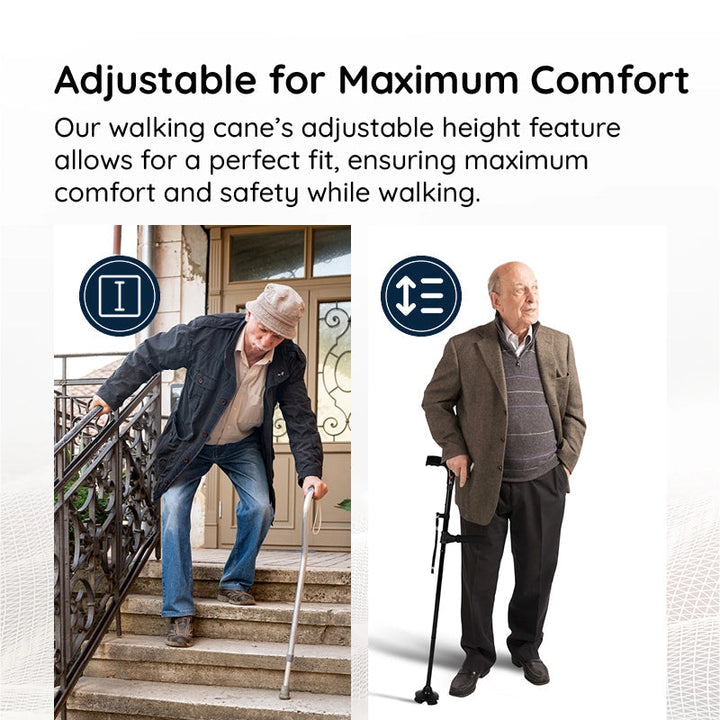 Portable foldable walking cane for easy travel & storage. Adjustable height, non-slip base, LED light for safety.