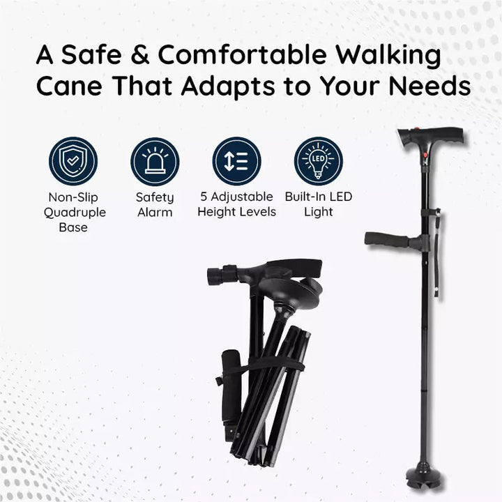 Non-slip foldable walking cane provides superior stability & safety. Adjustable LED light for elderly mobility support.