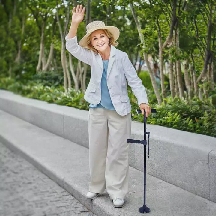 LED illuminated foldable walking cane with non-slip base for safe night walks. Portable mobility aid for security.