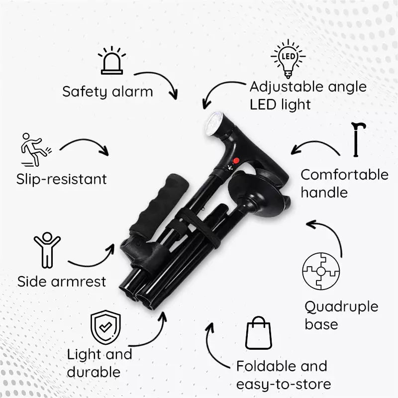 Foldable LED walking cane with ergonomic handle & non-slip tip. Adjustable for comfortable & secure mobility support.