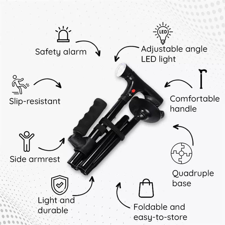 Foldable LED walking cane with ergonomic handle & non-slip tip. Adjustable for comfortable & secure mobility support.