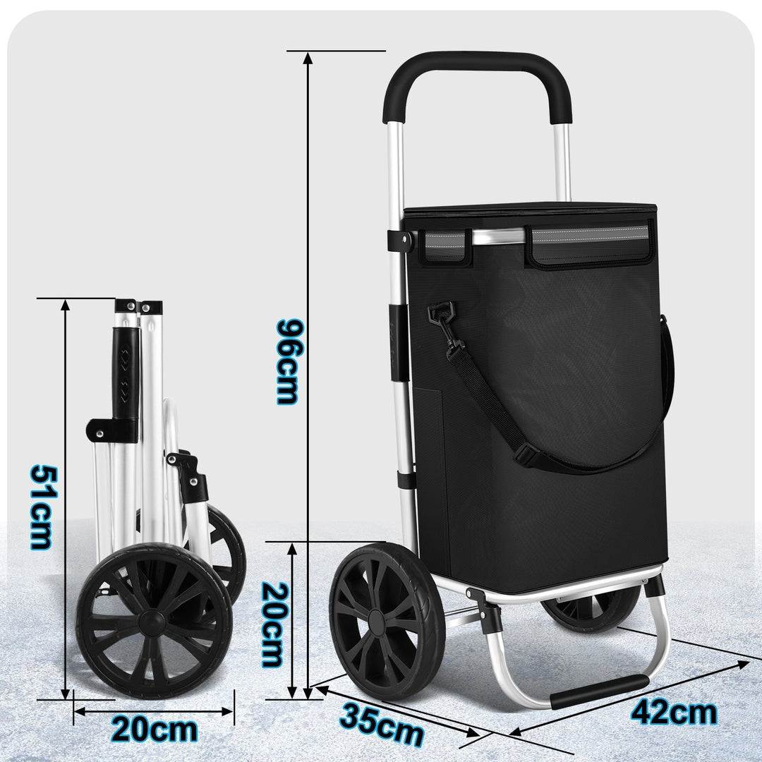Durable wheeled shopping bag, 40L capacity, with a convenient cooler feature.