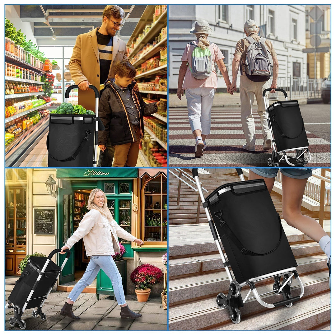 Foldable shopping cart with cooler bag, 40L, ideal for cold and hot grocery items.