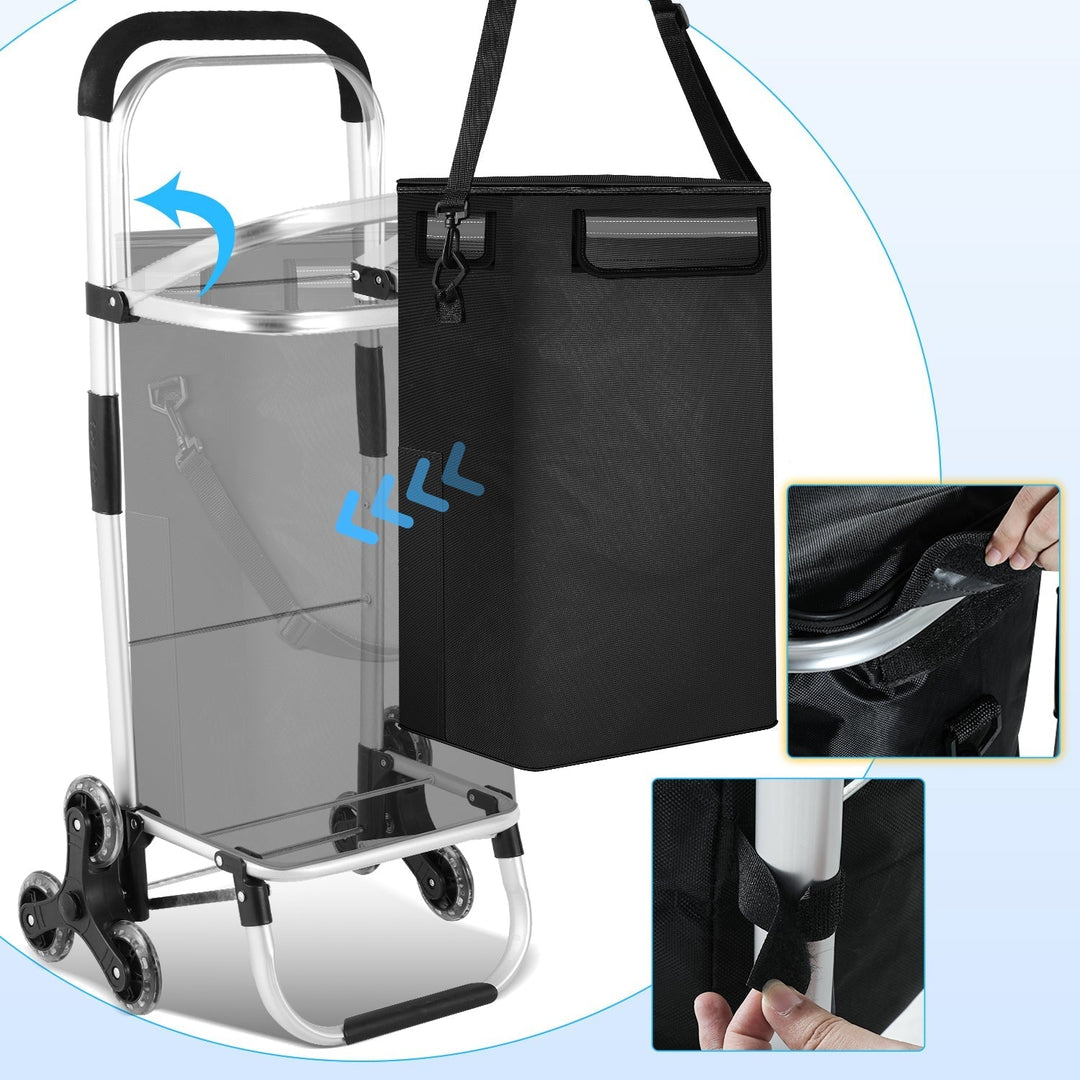 Foldable shopping trolley with a removable 40L bag and built-in cooler.