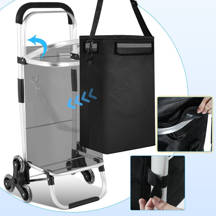 Foldable shopping trolley with a removable 40L bag and built-in cooler.