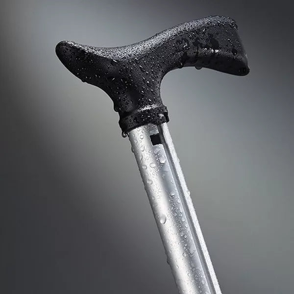 Unisex folding walking cane with integrated portable seat, ideal for elderly mobility and travel.