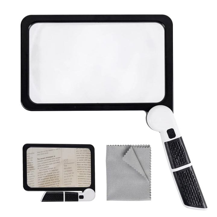 Ergonomic full-page handheld magnifying glass. Lightweight reading aid for books, magazines, and maps.