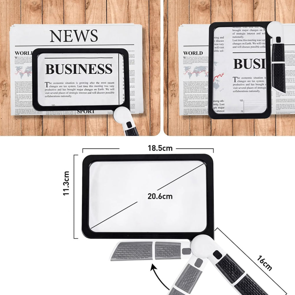 Large full-page handheld magnifier for clear reading. A portable vision aid for hobbies, crafts & inspection.