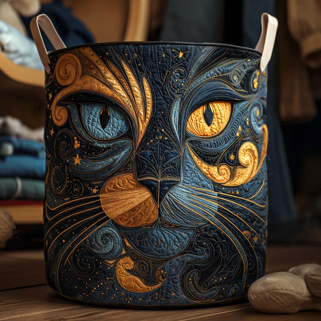 Unisex Galaxy Cat Quilted Laundry Basket; a decorative, space-saving storage bin or hamper for home organization.