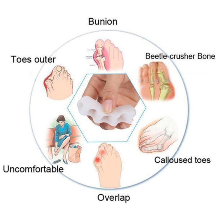 Comfortable gel silicone toe separator for bunion relief, foot pain, and natural toe alignment.