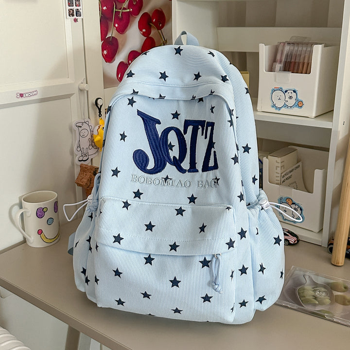 Unisex graphic print backpack with star pattern, ideal for school, travel, or everyday use.