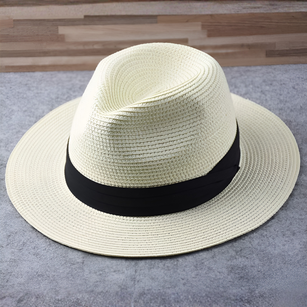 Unisex handcrafted Panama hat with a wide brim, made from natural toquilla straw, excellent for sun protection.