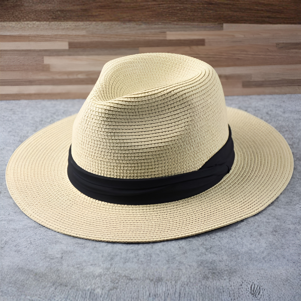 Classic unisex Panama fedora, natural straw, wide brim, lightweight, essential for summer, beach, and travel sun protection.