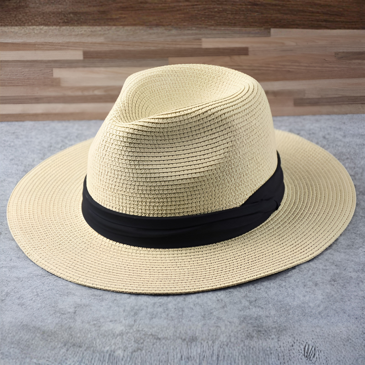 Classic unisex Panama fedora, natural straw, wide brim, lightweight, essential for summer, beach, and travel sun protection.