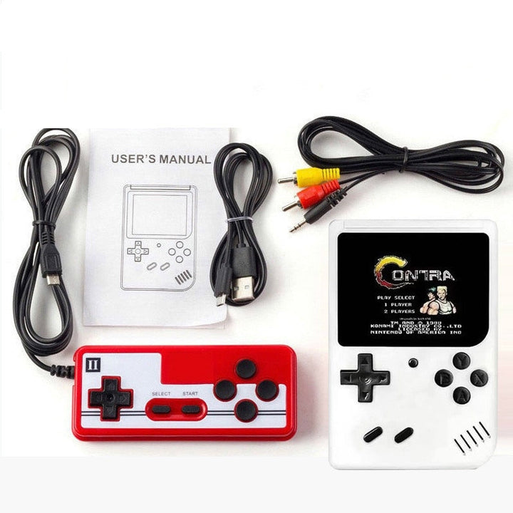 Vibrant display of a unisex retro handheld gaming console, preloaded with 400 classic video games.