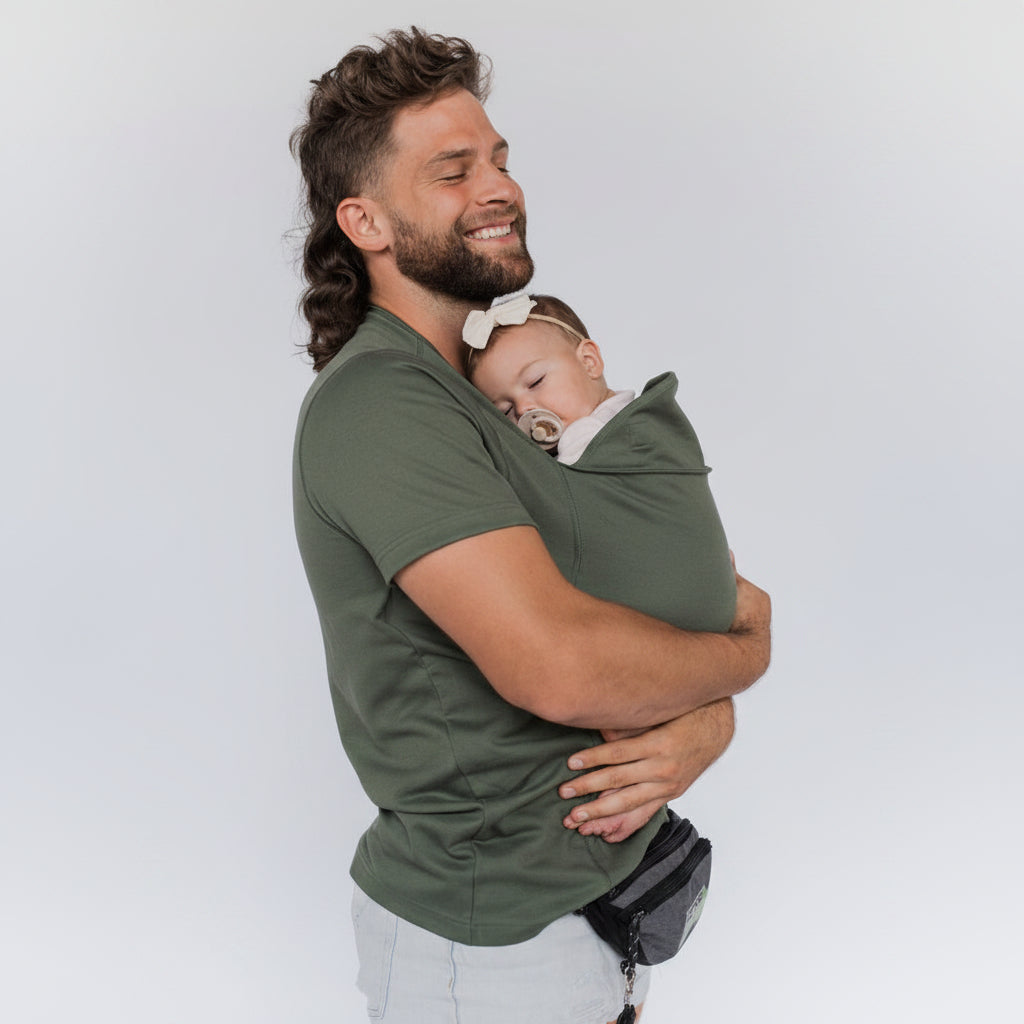 Easy-wear unisex baby carrier shirt. Hands-free for infants, alternative to baby wrap with integrated pouch.
