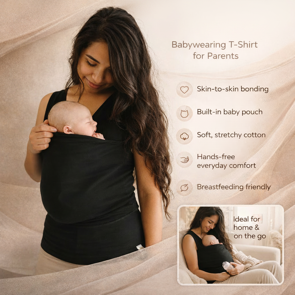 Comfortable unisex parent shirt offering hands-free infant carrying & close bonding with integrated baby pouch.