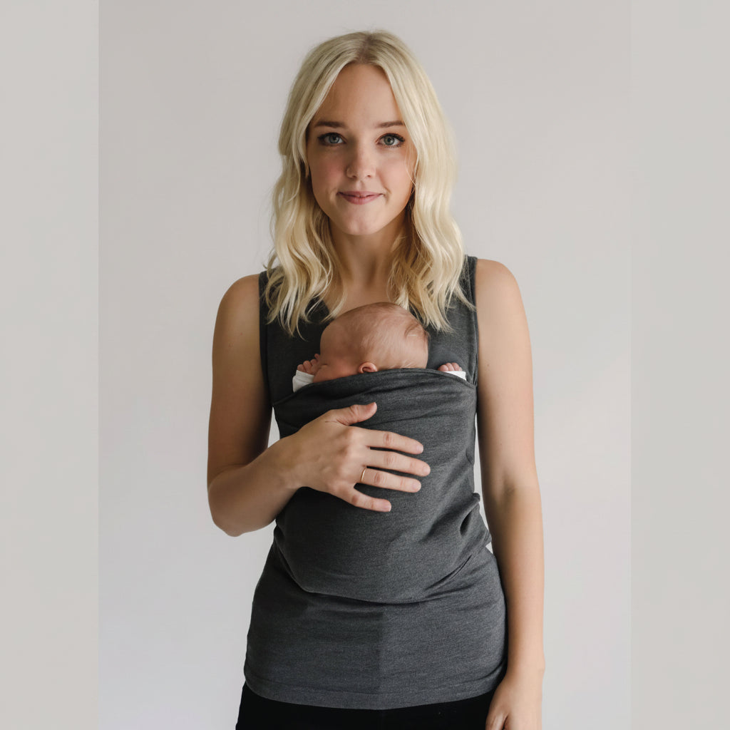Modern hands-free unisex baby carrier shirt for new parents. Integrated pouch supports newborns & infants.