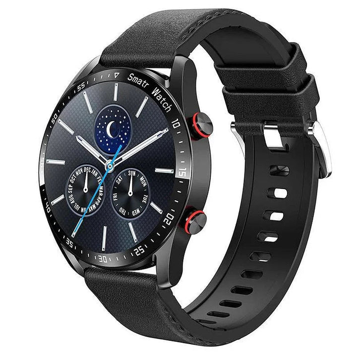 Black unisex smart watch monitors blood sugar, heart rate, oxygen. IP67 waterproof health & fitness tracker.