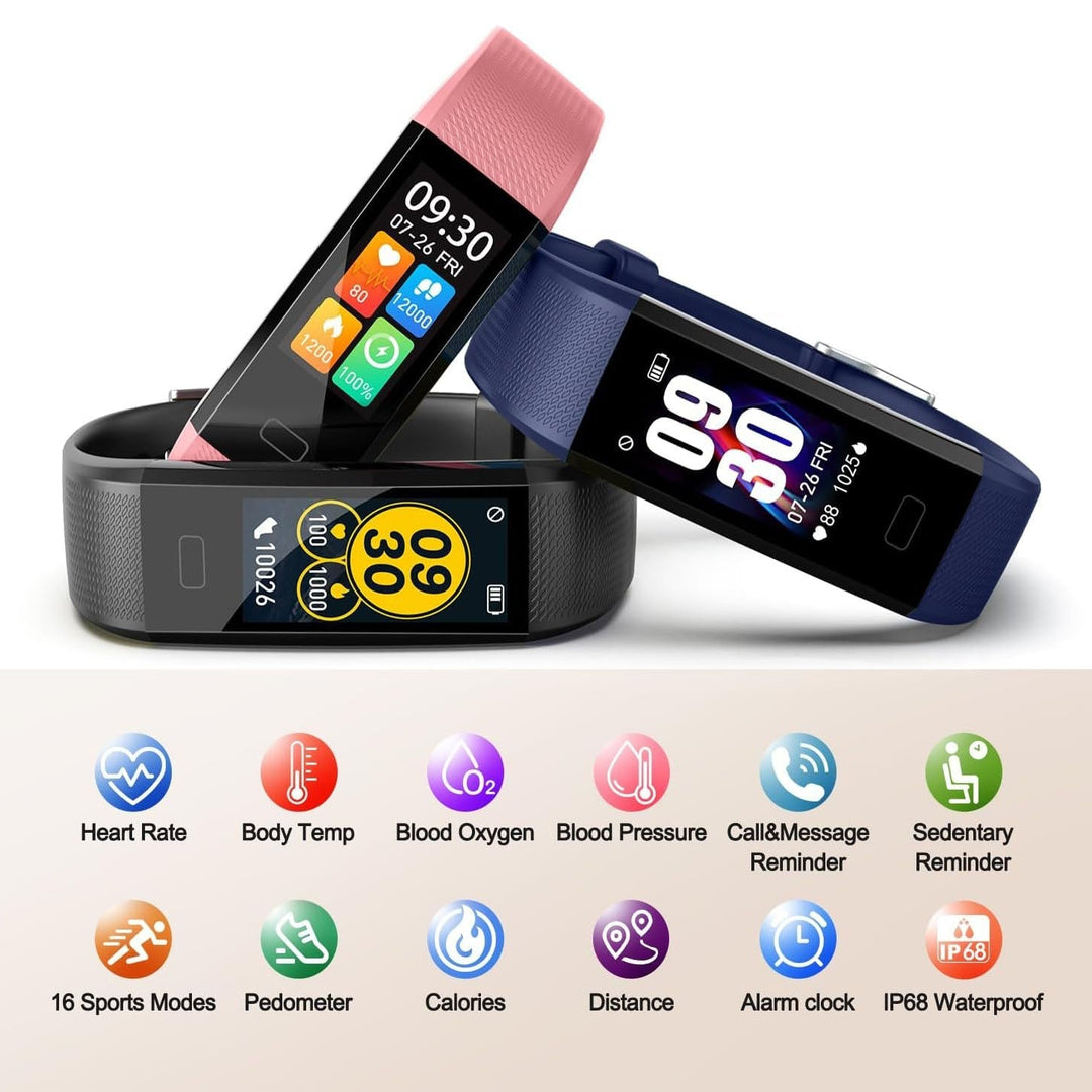 Pink unisex fitness smartwatch showing heart rate & blood pressure data on its vibrant display.
