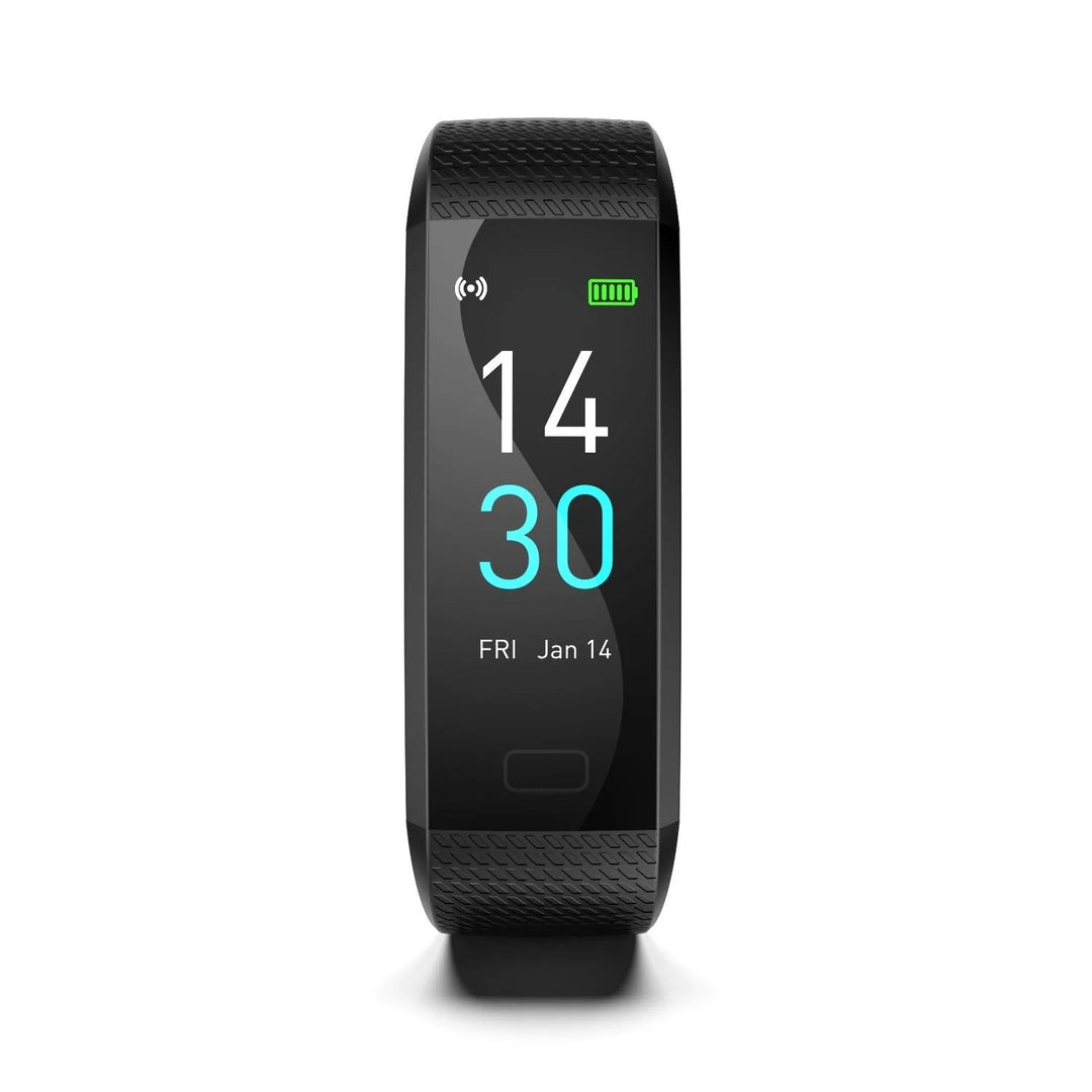 Front view of a pink unisex health monitoring smartwatch with a sleek design and comfortable band.