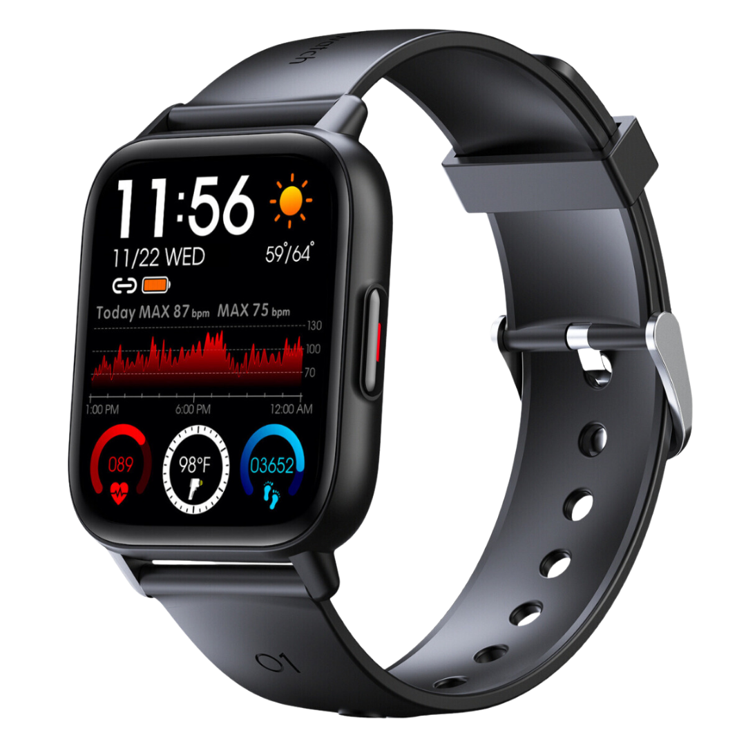 Unisex health smartwatch with heart rate & sleep tracking, black silicone strap.