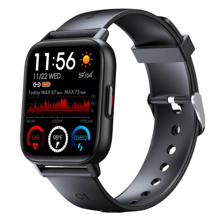Unisex health smartwatch with heart rate & sleep tracking, black silicone strap.