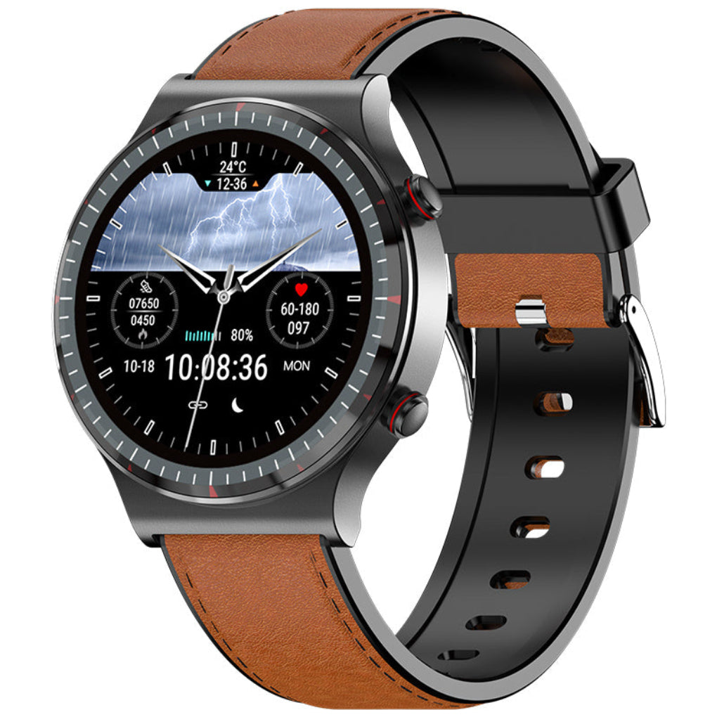 Unisex health tracking smartwatch with HD display, heart rate monitor, sleep tracker, and khaki strap. Waterproof fitness watch.