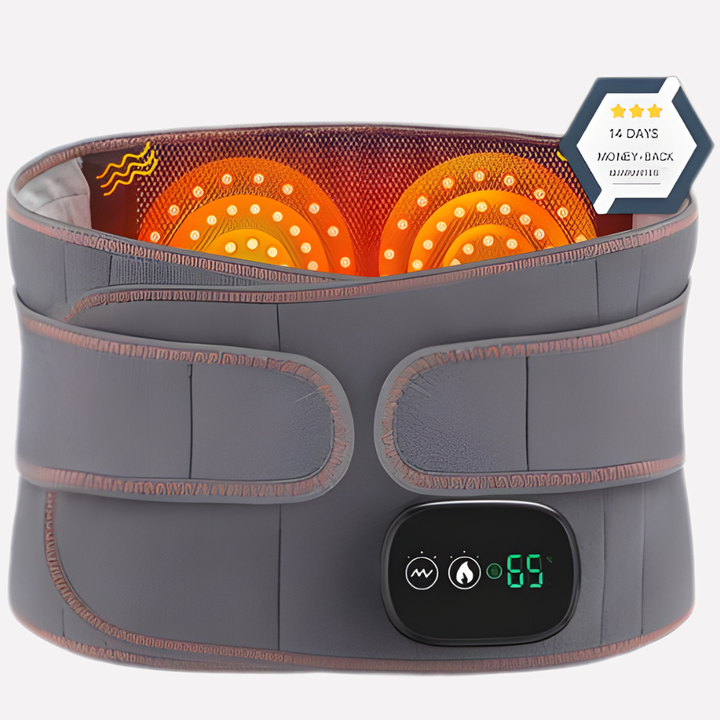 Unisex heated massage belt with red light therapy for back pain relief & muscle relaxation. Portable vibrating wellness belt.